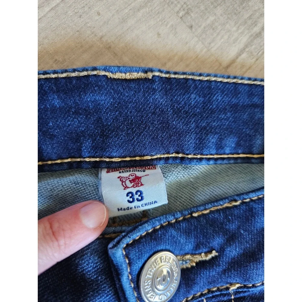 True Religion Mens Slim Straight Distressed Blue Jeans Size 33 Medium Wash